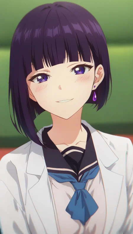 score_9,score_8_up,score_7_up,score_6_up BREAK official art,solo,outdoors,upper body,(portrait:1.5),looking at viewer,facing viewer,smile,blush,Inari Sakihira,short hair,purple hair,bob cut,jewelry,earrings,blunt bangs,purple eyes,collarbone,labcoat,school uniform,black sailor collar,blue neckerchief,long sleeves,medium breasts,miniskirt,black skirt,pleated skirt,black socks,loafers,brown footwear,<lora:Inari Sakihira(mlid)-Pony:1.6>,