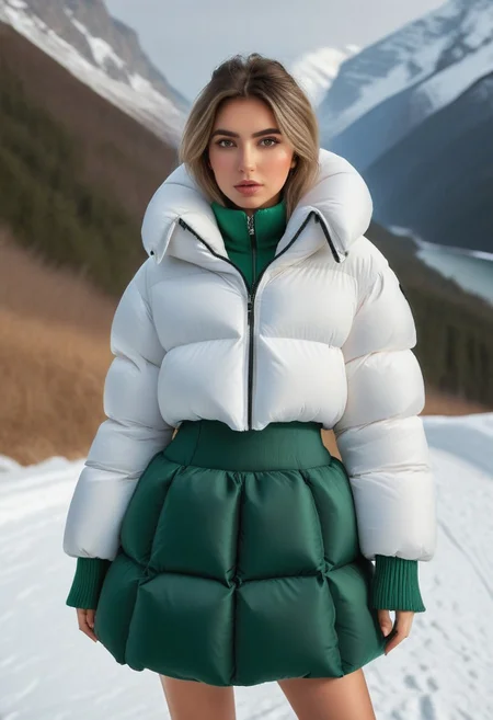 ((((sherpa puffer padded jacket)))), ((((sharpa puffer padded coat)))), ((((puffer skirt)))), ((((cowboy shot)))), ((((from back)))), standing, winter, snow, mountains, 1girl, solo, (masterpiece), (detailed face, detailed eyes), (beautiful detailed eyes:1.5), sidelighting, (super detail, hyper detail, intricate_details, detailed), looking at viewer, (semi realistic:1.6), very detailed face, (Blonde hair), (white hair), absurdly long hair, hair between eyes, (straight hair), (green eyes), put your hair behind your ears, eyelashs, eyeliner, (eye shadow:0.5), wet hair, sweat, white skin, Angry face, (blush), padded cuffs, padded collar, Thick padded cuffs, Thick padded collar, <lora:Collar-SDXL:0.6>, <lora:Cuffs-SDXL:0.6>, <lora:Puffer_Jacket_and_Down_Jacket_-_Extra_Puffy_Jackets:0.6>, <lora:puffer_skirt_v1:0.6>