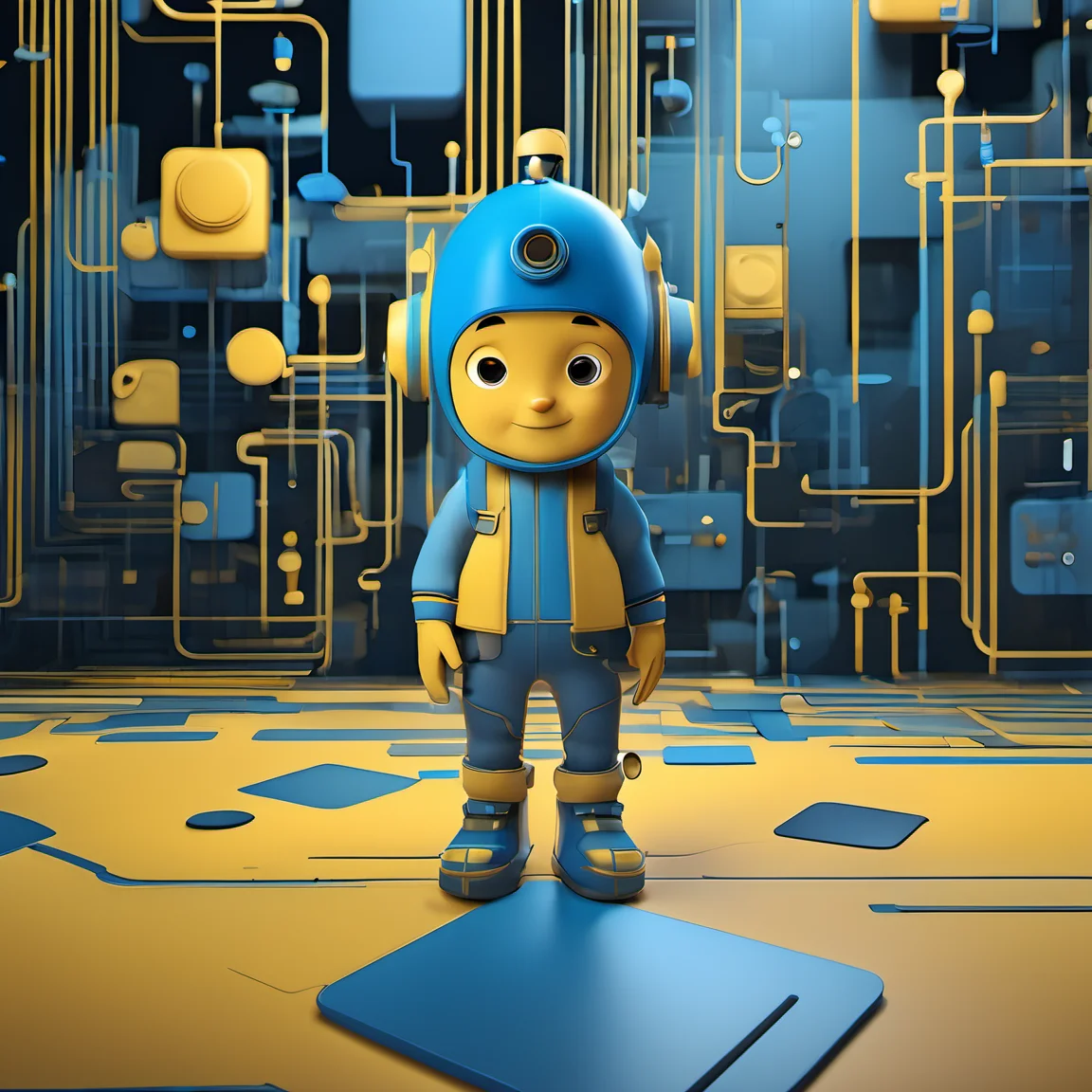 iccircuitart,blue and yellow theme,<lora:iccircuitart:1>, Cartoon caricature realistic, cute as a pixar disney character caricature cute full body from up 2009 unreal engine octane render 3d render photorealistic