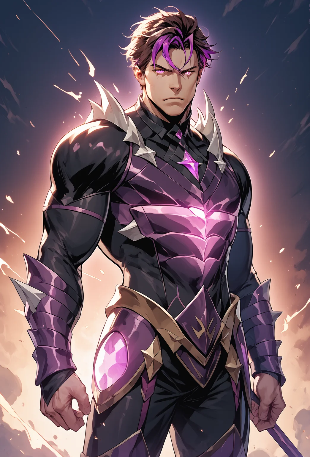 score_9, score_8_up, score_7_up, score_6_up, score_5_up, score_4_up, zPDXL3, 1boy, solo, western comic style, standing, Kayron, spiked shoulders, short brown hair, pale skin, purple eyes, muscular, black armor, glowing purple armor sigils, muscular, lineart, flat color, (floating, midair), dark sky background with purple highlights, masculine, volumetric lighting, shadows, dynamic lighting <lora:MGS_V2_Pony:0.5> <lora:Rob_Liefeld_Chad_Bowers_And_Associated_Artists_Marvels_Deadpool_Badder_Blood_1-5_Artstyle_Blend_PonyXL:0.5> <lora:Bara_Niji_Style_for_Pony:0.15> <lora:3-manhua:0.1> <lora:Kayron_-_Epic_Seven_Pony-000009:0.8>