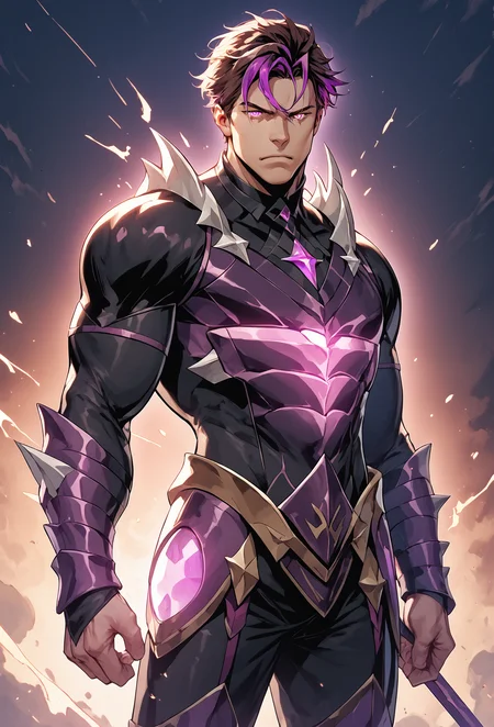 score_9, score_8_up, score_7_up, score_6_up, score_5_up, score_4_up, zPDXL3, 1boy, solo, western comic style, standing, Kayron, spiked shoulders, short brown hair, pale skin, purple eyes, muscular, black armor, glowing purple armor sigils, muscular, lineart, flat color, (floating, midair), dark sky background with purple highlights, masculine, volumetric lighting, shadows, dynamic lighting <lora:MGS_V2_Pony:0.5> <lora:Rob_Liefeld_Chad_Bowers_And_Associated_Artists_Marvels_Deadpool_Badder_Blood_1-5_Artstyle_Blend_PonyXL:0.5> <lora:Bara_Niji_Style_for_Pony:0.15> <lora:3-manhua:0.1> <lora:Kayron_-_Epic_Seven_Pony-000009:0.8>