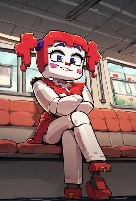 score_9, score_8_up, score_7_up, best quality, good quality ,, character focus, solo, , best quality,   <lora:circbab-08:1> circbab, solo, robot, red hair, twintails, 1girl, open eyes, detailed background, In subway, inside metro, sitting, solo, crossed arms, crowded, arms between legs, view from below, subway window, inside subway<lora:IncaseLycoXL:1>