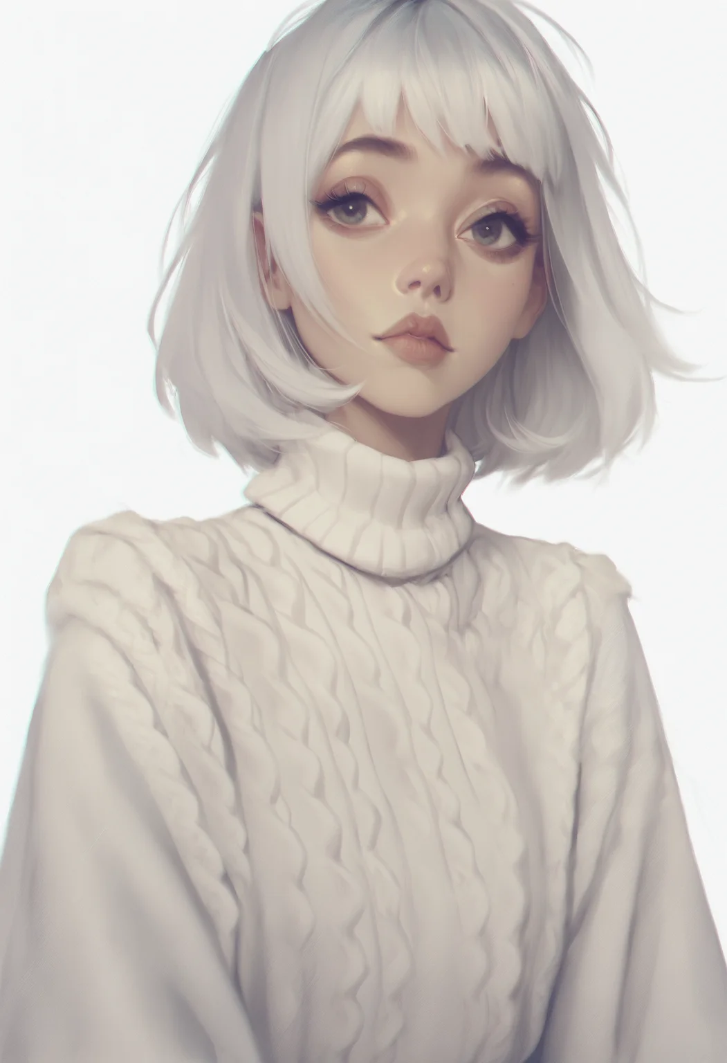 <lora:mgxt:1> score_9, score_8_up, score_7_up, mgxt, 1girl, white pale skin, white hair, white sweater, white background