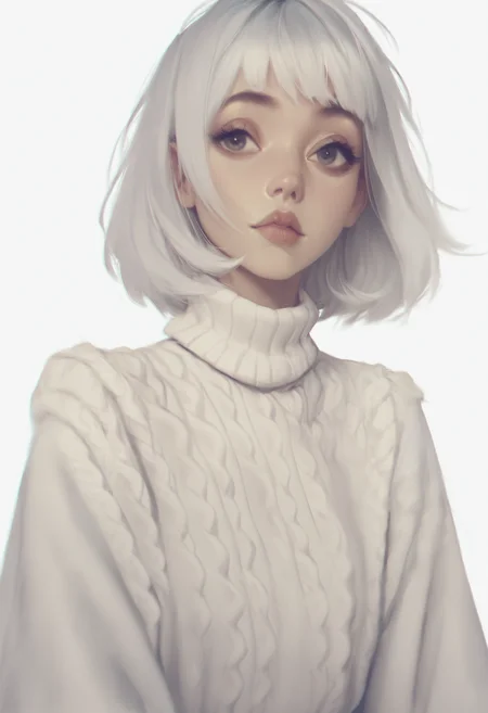 <lora:mgxt:1> score_9, score_8_up, score_7_up, mgxt, 1girl, white pale skin, white hair, white sweater, white background