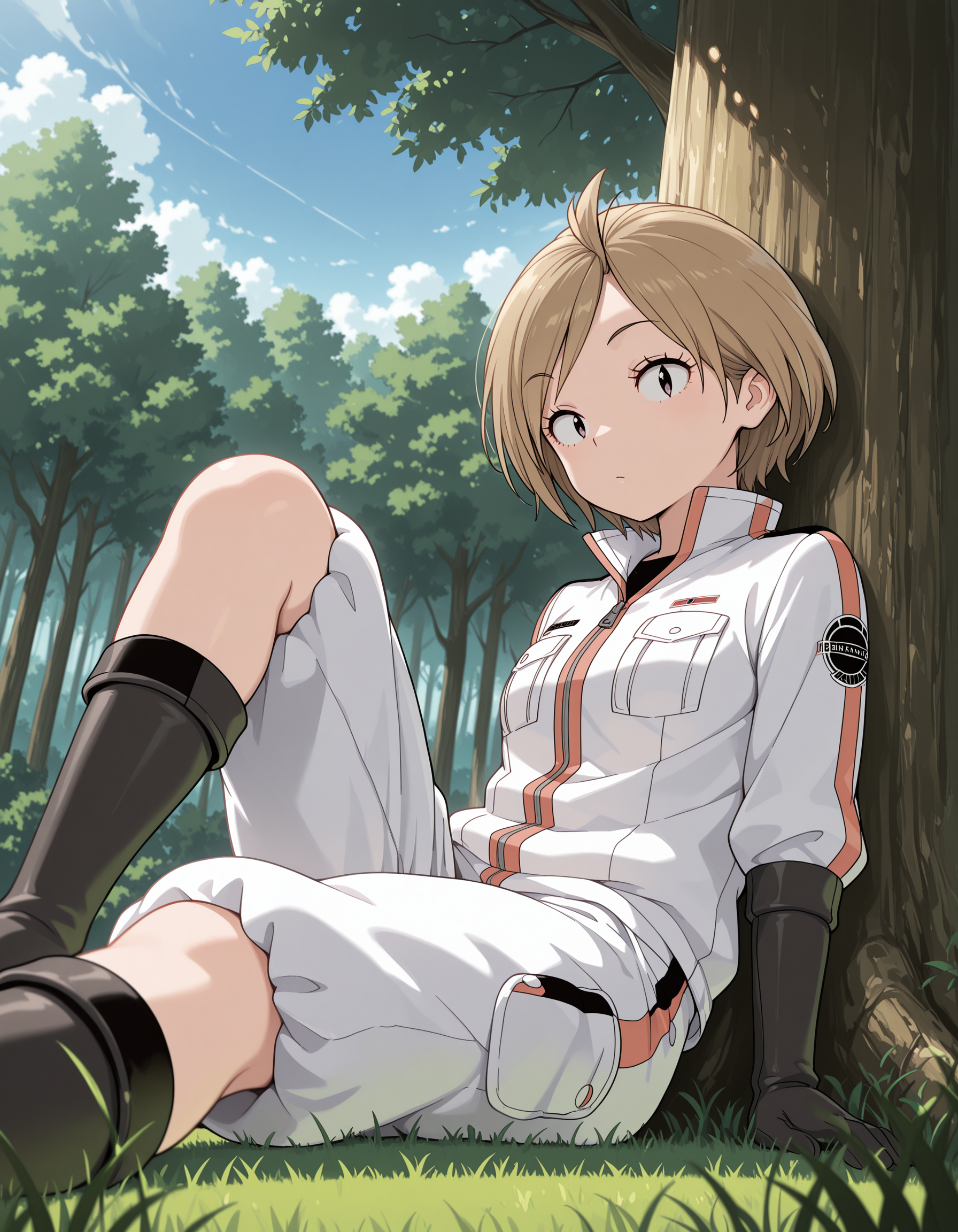<lora:WorldTrigger_IzuhoNatsume_V1.2[IL]:1>, izuho natsume, squad uniform,  grass, forest, sitting, (from bellow:1.4), looking at viewer, dynamic view of the sky, perspective, against tree, depth of field, knee up, dynamic angle, low angle,, masterpiece,best quality, very aesthetic,absurdres,newest,
