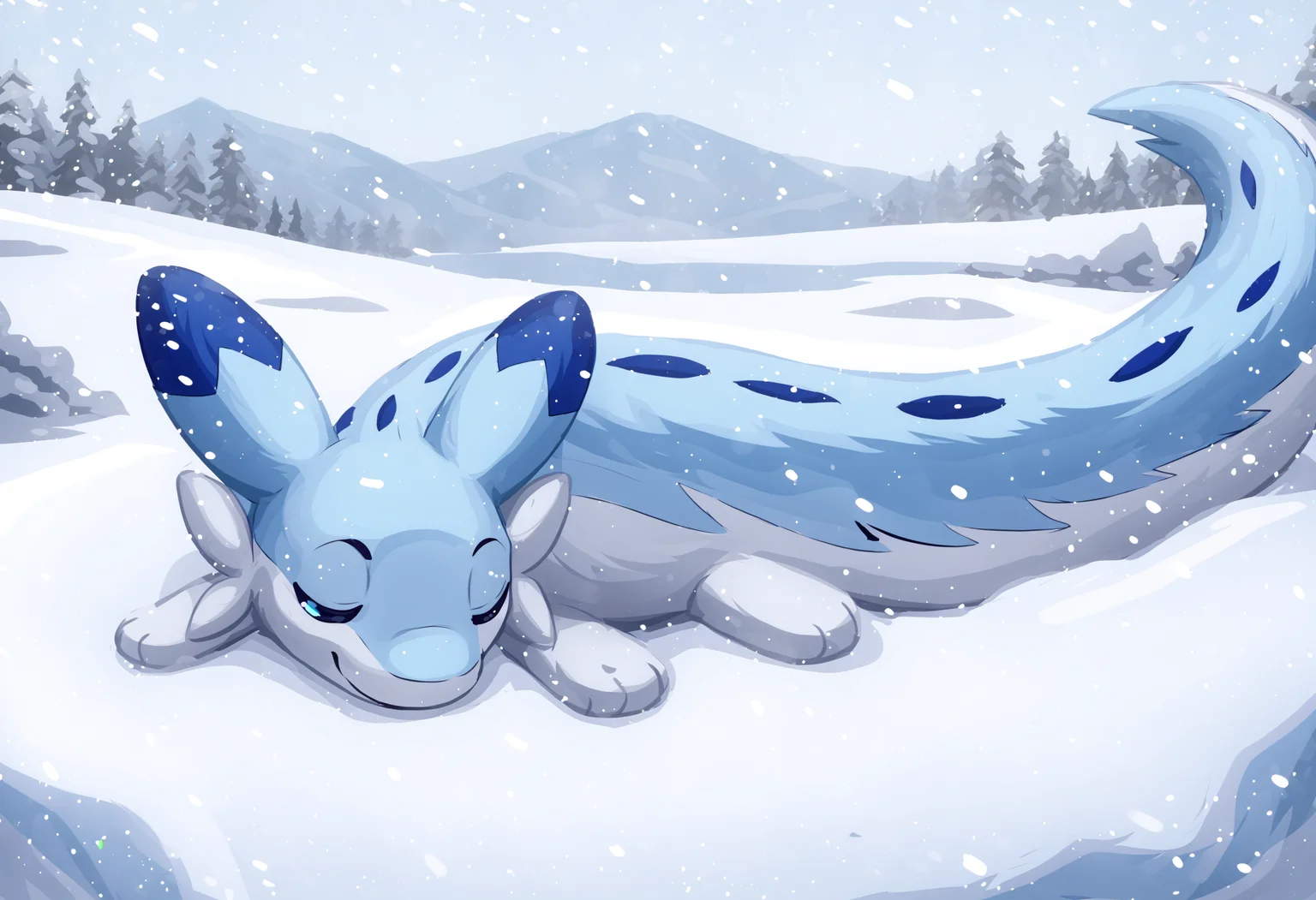 score_9, score_8_up, score_7_up, source_anime BREAK
winter background, snow, ice, fluffy blue bed
Chillet_Palworld, feral, light blue fur, blue eyes, white underbelly, blue back spikes, blue chest markings, blue spots, blue-tipped ears, whiskers, long animal ears, long tail,
sleeping, lying, on stomach, (curled up:1.4), asleep, closed eyes, looking at viewer, smile, (facing viewer:1.3)
detailed background, beautiful scenery
<lora:add-detail-xl:1>
<lora:Chillet_Palworld:1>