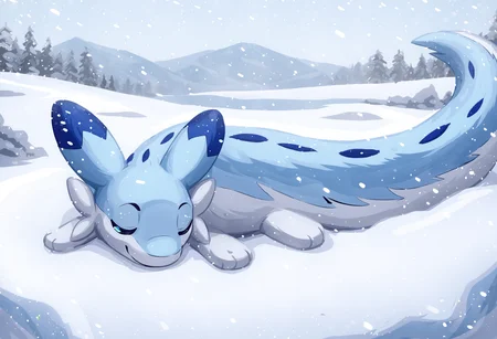 score_9, score_8_up, score_7_up, source_anime BREAK
winter background, snow, ice, fluffy blue bed
Chillet_Palworld, feral, light blue fur, blue eyes, white underbelly, blue back spikes, blue chest markings, blue spots, blue-tipped ears, whiskers, long animal ears, long tail,
sleeping, lying, on stomach, (curled up:1.4), asleep, closed eyes, looking at viewer, smile, (facing viewer:1.3)
detailed background, beautiful scenery
<lora:add-detail-xl:1>
<lora:Chillet_Palworld:1>