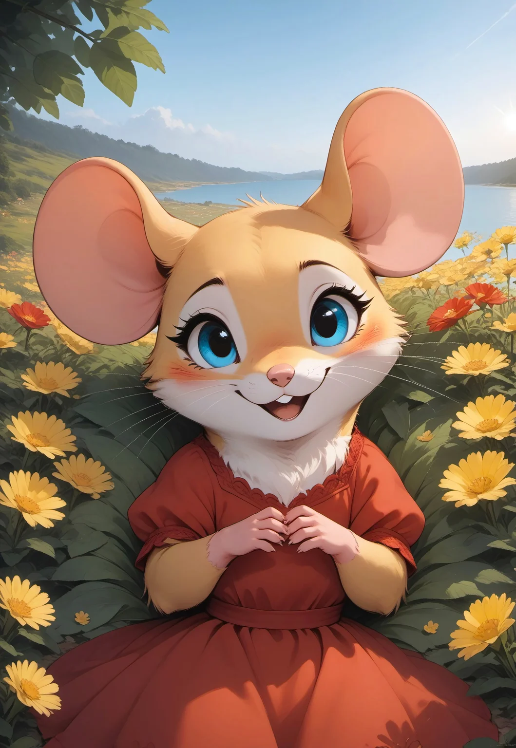 score_9, score_8_up, score_7_up, score_6_up, score_5_up, score_4_up, 

[][][][],

m0use_goldie, summer, sunlight, flowers, butterflies, (red dress), (mouse sitting among the flowers)

[][][][],

(cute), (feral:1.5),

[][][][],

outdoors, (lying back), (head focus:1.5), (flowers:2), (look at viewer), blushing, blue sky, clouds, sun, (laughing:1.2), feet,