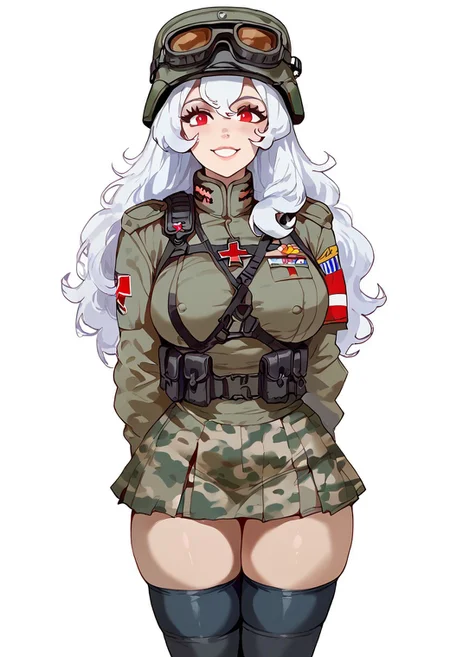 score_9,score_8_up,score_7_up , (solo, 1girl),<lora:Alpha1918:1.2> 1girl, alpha1918, long hair, white hair , huge breasts, curvy athletic body, red eye color , shiny skin, soft skin, perfect figure, busty, slim hips, round ass, thickass, athletic legs and hips, fit, wearing russian soldier uniform, tactical gear, solo, simple background, thighhighs, gloves, hat, white background, green camouflage, mini black skirt, black thighhighs, wariza, taking offf her helmet, goggles, sexy pose, looking_at_viewer, smiling