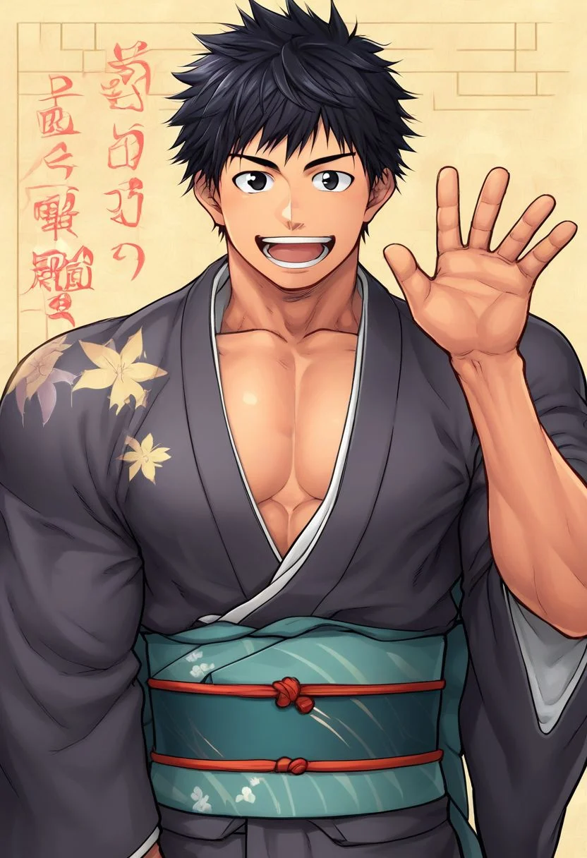1man, solo, muscular body, wearing a kimono, happy face, waving at viewer, half body, short hair, focus on shoulder,