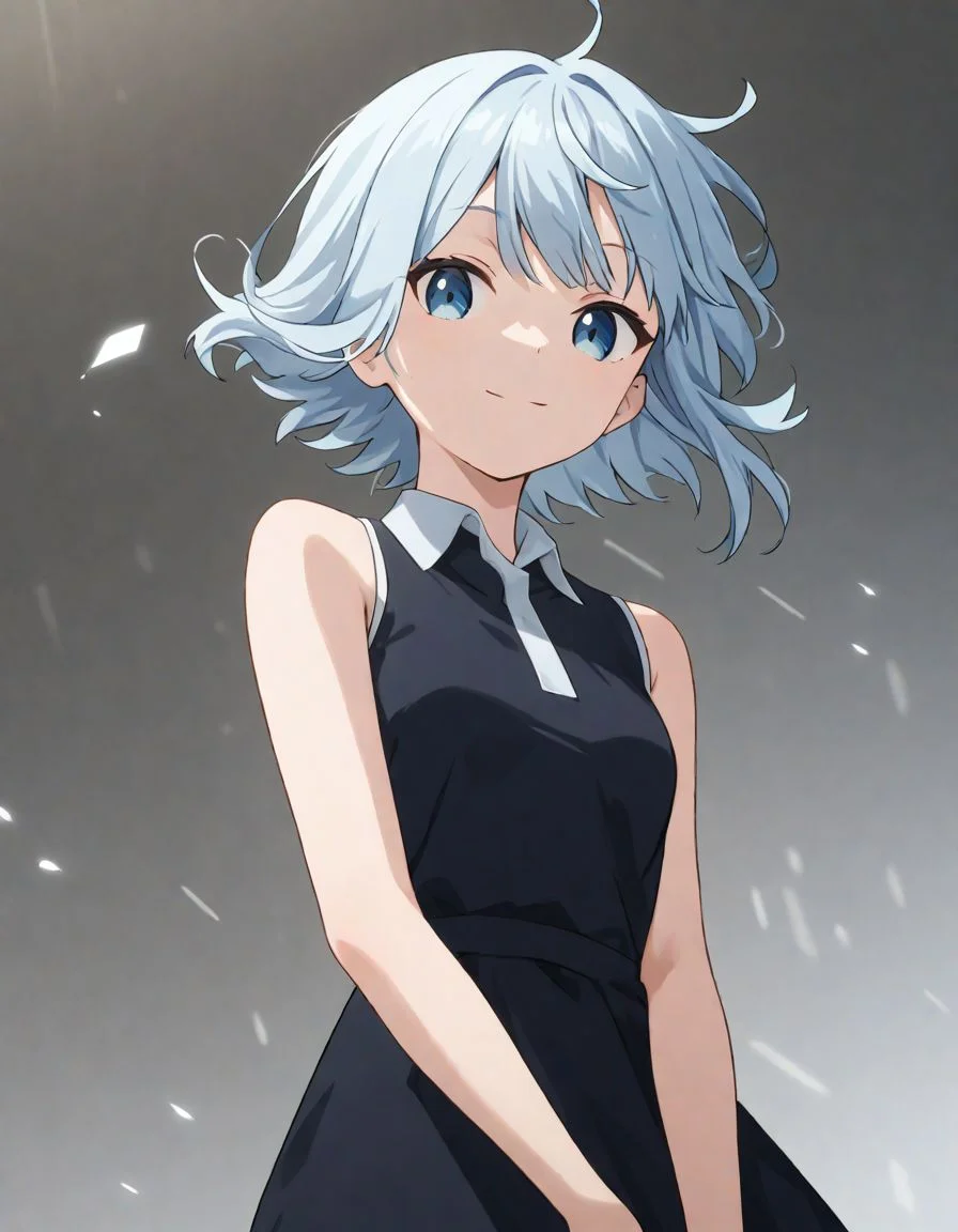 1girl, light blue hair, short hair, black sleeveless shirt dress, floating hair
, looking at viewer, light smile
, scrore_9, score_8_up, score_7_up
<lora:quartet2:1>