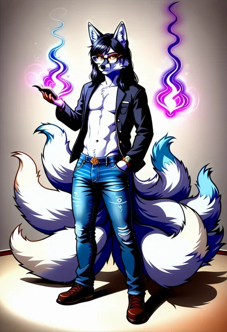 {((1male:2.0)), furry, fox, ((kitsune:2.0)), white fur, long hair, dark hair, blue highlight in hair, fox ears, glasses, nerdy, fox tails, denim jeans, shirtless, thin build, androgynous, hypnotist, holding pocket watch, corruption magic, dark magic, student, on college campus, full body render, }
FurryDalle, cartoon, high quality,