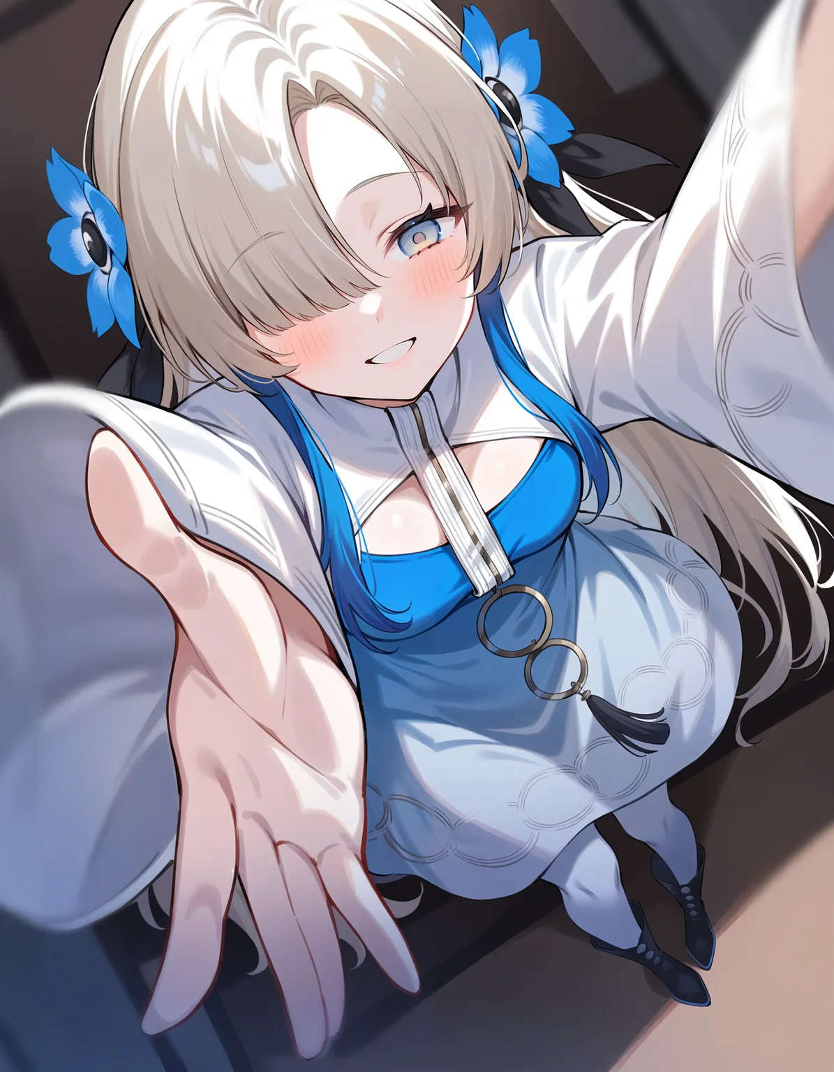 1girl, isekaijoucho, isekai joucho,
blue hair flower, gray wavy long hair, hair over one eye, multicolored hair, white blue two-tone dress, blue white gradient dress, puffy long sleeves, white pantyhose, high heel boots,
reaching, reaching towards viewer, outstretched arms, close-up, portrait, pov, foreshortening, yandere, (empty eyes), blush, yandere trance, seductive smile, looking down,
masterpiece, best quality, very aesthetic, safe,
<lora:neg4all_bdsqlsz_xl_V91:1>, <lora:Isekaijoucho_anmgn31_D-B:0.6>