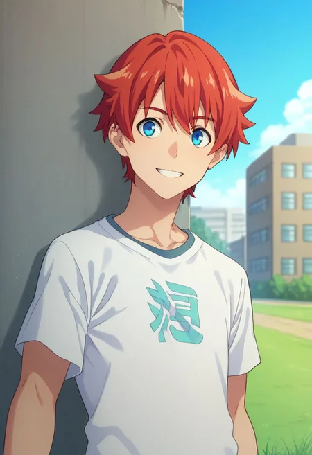 score_9, score_8_up, score_7_up, source_anime, highly detailed,
yuta, 1boy, male focus, blue eyes, red hair, solo, t-shirt, short pants, bangs, upper body, smile
outdoor, street, grass, blue sky,
