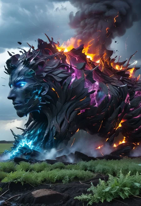 stage 1: infernal flames soar in the sky consuming the air creating a purple void!,
stage 2: torrents of glowing blue icy shards pierce and destroy the already mentioned wall of flames!,
stage 3: the soil absorbs all the water and the plants and nature grow!,
stage 4: the powerful air in devastating lightning storm  maelstrom galvanizes the soil!
BREAK
a professional high-quality high-res high-definition smooth clear clean CGI with special effects powered by high-octane epic vibrant rainbow colored (ACTIONVFX) as in masterpiece image scan, creative, breathtaking, beautifully convoluted