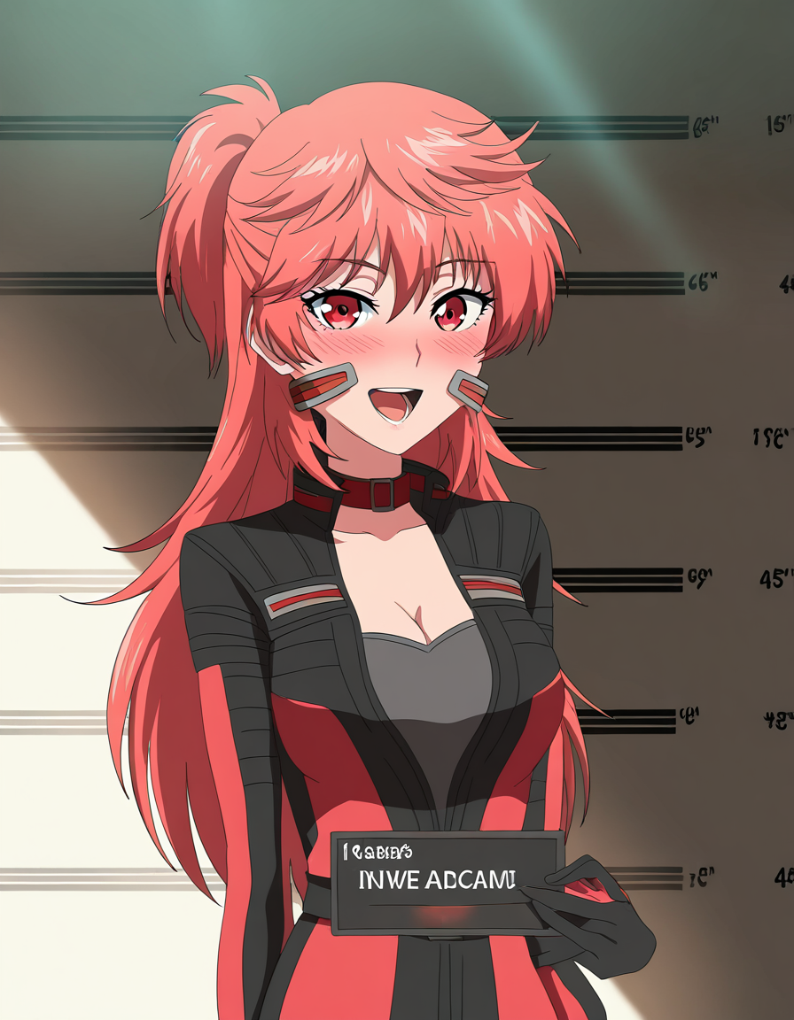 masterpiece, best quality, newest, absurdres, highres, safe,, <lora:aoi-hidaka-s1-illustriousxl-lora-nochekaiser:1>, aoi hidaka, long hair, pink hair, red hair, red eyes, ponytail, short ponytail,, bodysuit, black bodysuit, red bodysuit, cleavage,, Natural settings, trees, rivers, sunlight, wildlife, smile, barbie mugshot (meme) height mark, holding sign, nameplate, height chart, sign, meme, smile, open mouth, teeth, blush, cowboy shot, looking at viewer, solo,, cowboy shot