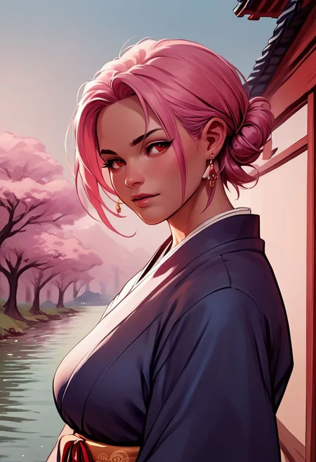 Larocca Art Style, solo, short hair, red eyes, 1girl, jewelry, upper body, voluptuous, bbw, sexy, pink hair, earrings, japanese clothes, kimono, portrait, outdoors, PonyXLV6_Scores , PnyCmicXLPOS,