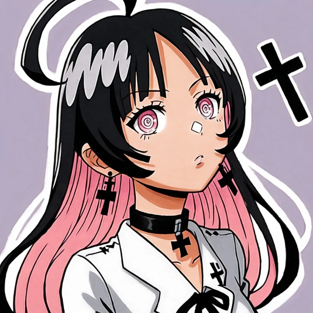Akari Jogasaki, female, woman, girl, light pink eyes, multicolored hair, two-tone hair, two tone hair, black and pink hair, long hair, black cross earrings, black choker, black collar, perfect anatomy, detailed face, perfect face, detailed eyes, gorgeous, perfection, perfect, insanely detailed, HD, perfect eyes, perfect hands, perfect anatomy, best quality, masterpiece, beautiful, EyesHD, detailed, relaxed, hands behind back, arms behind back, clothing, clothes