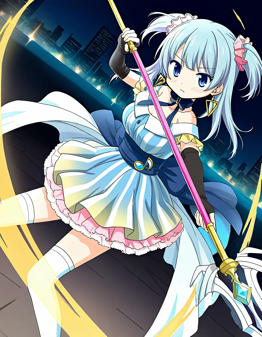masterpiece, best quality, newest, absurdres, highres, safe, 1girl, minami rena, magia record: mahou shoujo madoka magica gaiden, holding polearm, solo, fighting stance, city, night, dutch angle, <lora:minami_rena_noobaiXLNAIXL_vPred10Version:0.7>