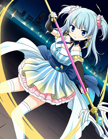 masterpiece, best quality, newest, absurdres, highres, safe, 1girl, minami rena, magia record: mahou shoujo madoka magica gaiden, holding polearm, solo, fighting stance, city, night, dutch angle, <lora:minami_rena_noobaiXLNAIXL_vPred10Version:0.7>