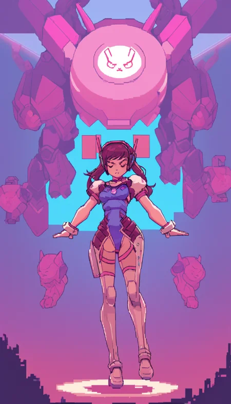 pixel-art Cinematic scene, hero view, D.Va, Overwatch <lora:d.va_xl_v1:1>, action pose, detailed background, masterpiece, best quality, high quality, highres, absurdres, Guild Wars 2  . low-res, blocky, pixel art style, 8-bit graphics