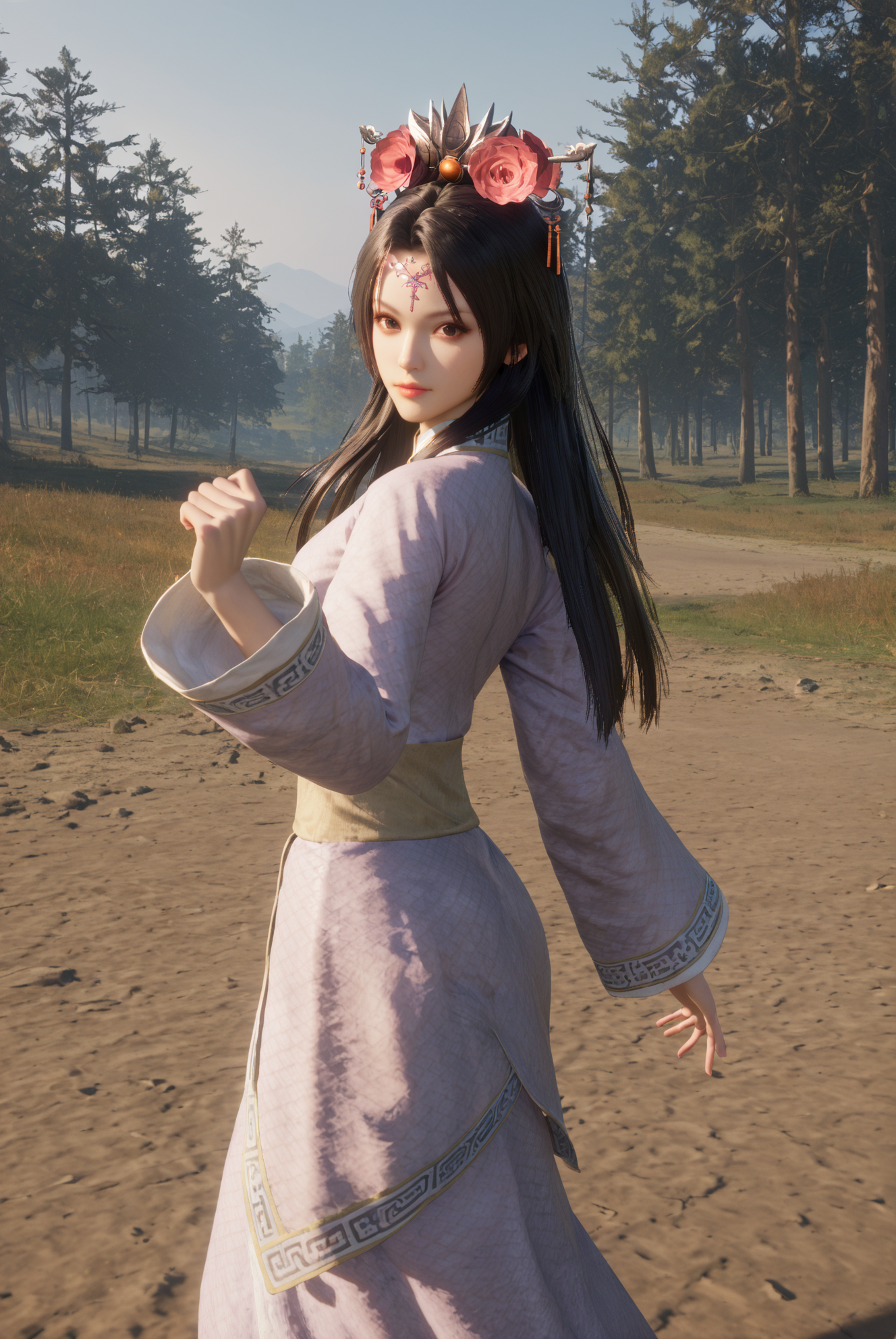 score_9, score_8_up, score_7_up, Dancing in a tango pose,<lora:Yu_Meiren_Dynasty_Warriors:0.8> 1girl, solo, black hair, long hair, hair ornament, hair flower, brown eyes, chinese clothes, long sleeves, outdoors, looking at viewer