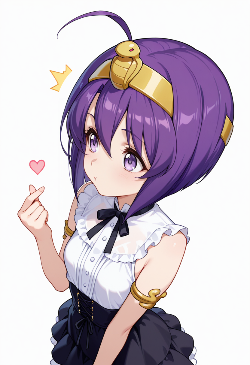 Smooth Quality,masterpiece,very intricate, high quality details, ultra realistic, high detailed skin,detailed enviorement,absurdres,
finger heart,
 <lora:Medusa_CNR:0.8> medusa_cnr,  1girl, purple hair, short hair, ahoge, bangs,purple eyes, small breasts, hairband, egyptian,, ^^^,, simple background, white background, dutch angle,solo,, gothic blouse,  ,sleeveless shirt, ,ruffled skirt, ,