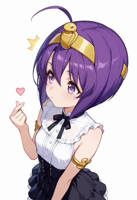 Smooth Quality,masterpiece,very intricate, high quality details, ultra realistic, high detailed skin,detailed enviorement,absurdres,
finger heart,
 <lora:Medusa_CNR:0.8> medusa_cnr,  1girl, purple hair, short hair, ahoge, bangs,purple eyes, small breasts, hairband, egyptian,, ^^^,, simple background, white background, dutch angle,solo,, gothic blouse,  ,sleeveless shirt, ,ruffled skirt, ,