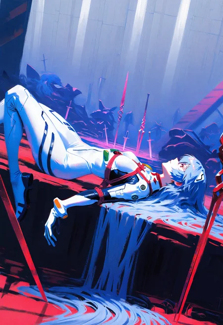 aestx, brushstroke \(medium\), painting \(medium\), year 2024, year 2023,
1girl, solo, ayanami rei, neon genesis evangelion, (absurdly long hair, blue hair:1.2), mecha pilot suit, interface headset, plugsuit, small breasts,
lying, on back, shibari, polearm, lance of longinus \(evangelion\), planted sword,
from below, from side, dutch angle,
masterpiece, best quality, amazing quality, absurdres, newest,
<lora:NOOB_V-pred_v1_detailer_by_vlnvk_v0_5:1>,
<lora:ponyv5_noobV065S_1_adamW:0.4>,
<lora:10_AESTX:1>