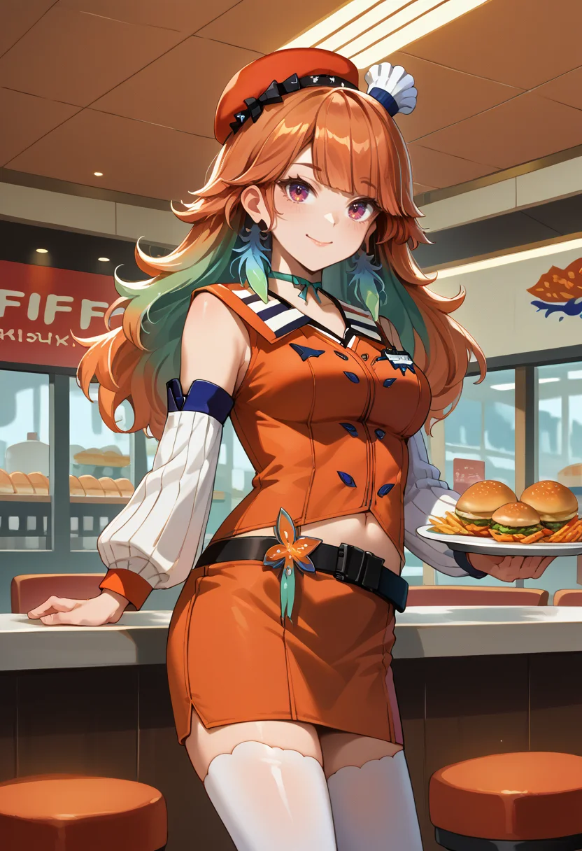 score_9, score_8_up, source_anime, KiaraBase, long hair, gradient hair, feather earrings, orange beret, mini chef hat, ribbon choker, orange vest, detached sleeves, white sleeves, midriff, orange miniskirt, belt, white thighhighs, indoors, fast food restaurant, smile, <lora:ChamTakanashiKiaraV2PonyXL:1>