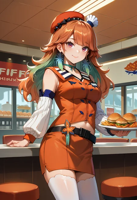 score_9, score_8_up, source_anime, KiaraBase, long hair, gradient hair, feather earrings, orange beret, mini chef hat, ribbon choker, orange vest, detached sleeves, white sleeves, midriff, orange miniskirt, belt, white thighhighs, indoors, fast food restaurant, smile, <lora:ChamTakanashiKiaraV2PonyXL:1>