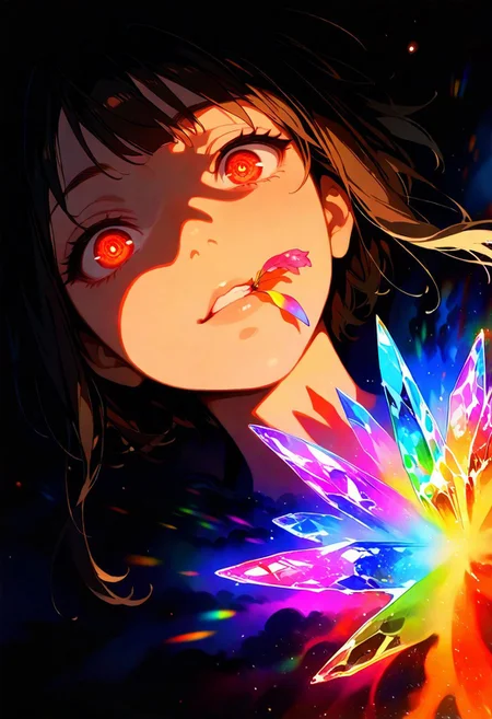 Megumin, masterpiece, best quality, amazing quality, very aesthetic, absurdres, 1 girl, backlighting, brown hair, red magical glowing eyes, narrow eyes, magic circles, sweet expression, looks at the flower, close-up of face, face in shadow, body in shadow, dark setting, beautiful black dress, gloves on her hands, thin lips, narrow mouth, cat's smile, solo upper body, angle from above, Dutch angle, hand near the face, holding a flower, rose, rainbow, crystal, fragile, transparent, luminous, magical rose, very beautiful, bright, multicolored, little saliva in the mouth, glowing saliva, bright magical particles, smoke, fog, multicolored, small, colorful, explosion of colors, soft light, vibrant colors, multicolored rainbow light, focus on face, lots of soft light and colorful particles, colorful, masterpiece, best quality, amazing quality, very aesthetic, absurdres, newest, soft light, explosion of colors, masterpiece, best quality, colorful, bright, multicolored, bright colors of paint, masterpiece, best quality, amazing quality, very aesthetic, absurdres, lots of multicolored rainbow light, focus on the face, lots of soft light, soft colors, lots of colorful particles, dark, hard to see,