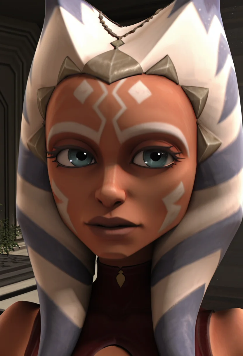<lora:Ahsoka_S3-5:1> ahsoka_tano, togruta, lekku, facial_markings, symmetrical face paint, original_appearance, padawan_outfit, clone_wars_style, star_wars_background, 3d, close_up, looking at viewer