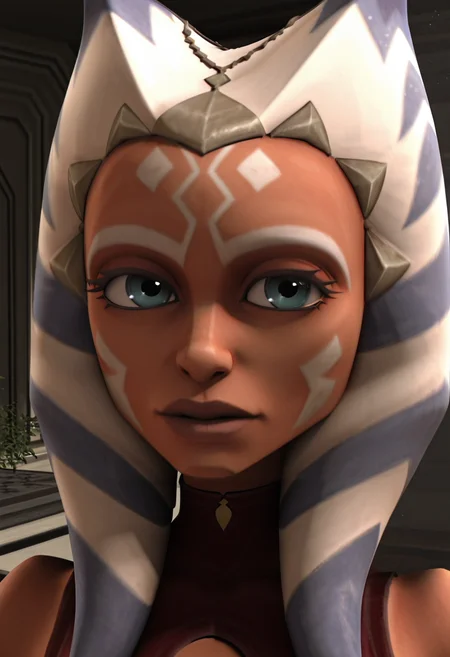 <lora:Ahsoka_S3-5:1> ahsoka_tano, togruta, lekku, facial_markings, symmetrical face paint, original_appearance, padawan_outfit, clone_wars_style, star_wars_background, 3d, close_up, looking at viewer