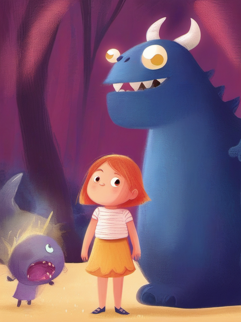 <lora:kids:1> illustration,A little girl is standing in front of a scared monster.