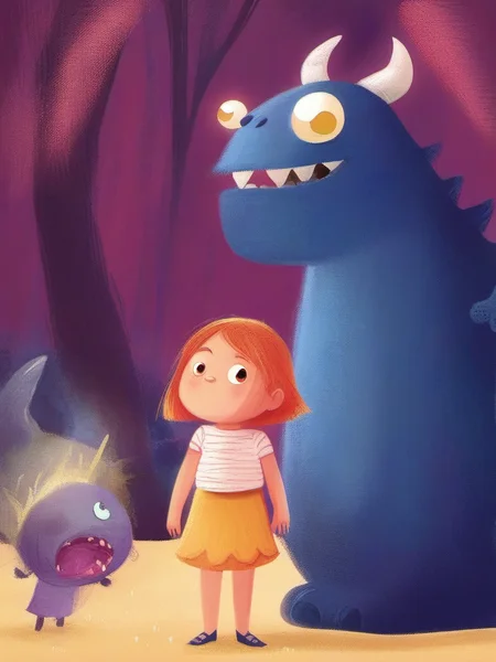 <lora:kids:1> illustration,A little girl is standing in front of a scared monster.
