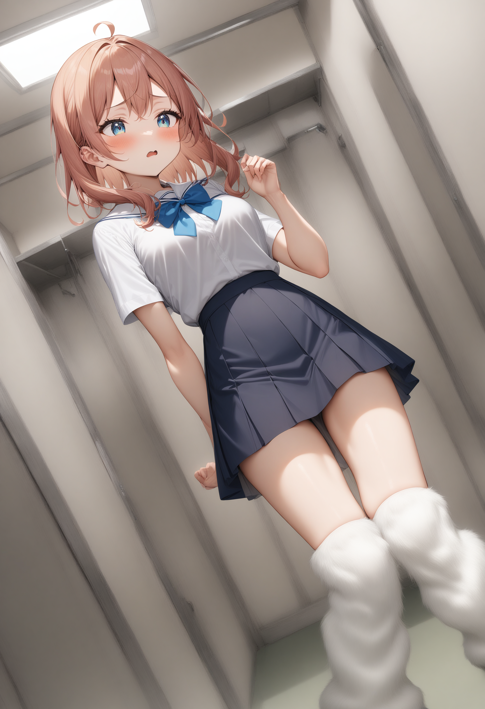 1girl, <lora:sdxl2-flat2-512b:-1>,medium breasts,white legwear, school uniform,
fur legwarmer,<lora:furlegwarmer_XL_v2:0.8>white legwear,
dutch angle, panorama shot, looking down, expressionless, in locker room, open mouth,
masterpiece, best quality, very aesthetic, absurdres