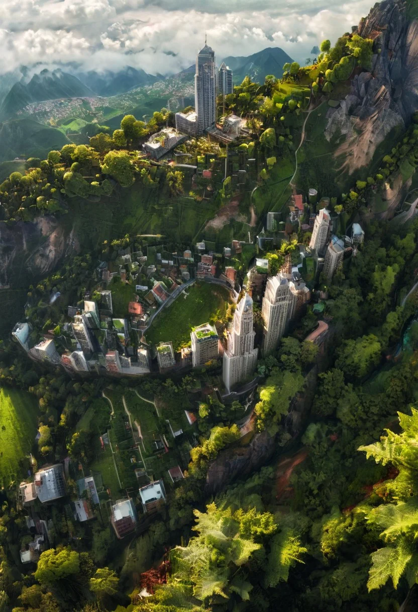 A high definition, high quality, realistic photograph of a cityscape completely integrated into nature on a mountainside, from the side, skyscraper, tree, detail, greenery, green space, cloud,  detailxl