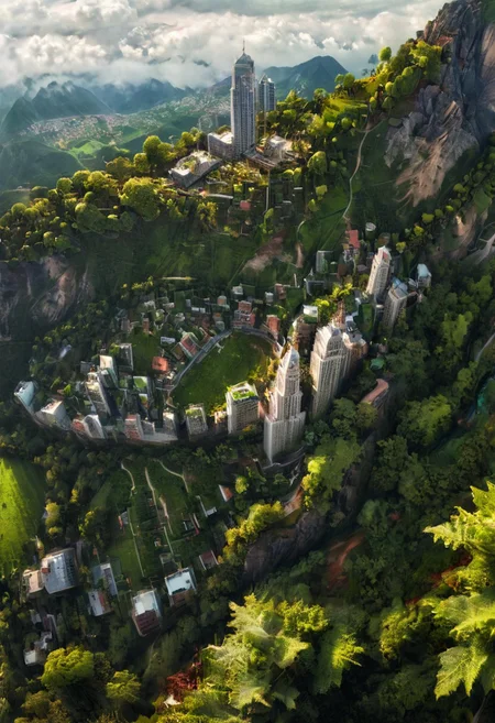 A high definition, high quality, realistic photograph of a cityscape completely integrated into nature on a mountainside, from the side, skyscraper, tree, detail, greenery, green space, cloud, detailxl