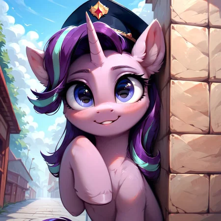 masterpiece, score_9, score_8_up, score_7_up, (best quality:1.1), ultra-detailed, high resolution, 1 girl, solo, pony, highly detailed macro illustration, Starlight Glimmer smiling, blushing, hooves on face, Starlight Glimmer, feral, female, mare, cute, long eyelashes, military uniform, Soviet cap, communist, outside, (((beautiful detailed eyes))), Long eyelashes, fluffy, ear fluff, long eyelashes, (cornering), taking cover, spying, marble wall, Highly Visible, (((8k))), sharp focus, perfect lighting, anatomically correct, extremely detailed, shine on body, (communist town), block apartments, high detail, cute face, Expressiveh, detailed background, OverallDetail, zPDXL2, <lora:Corneringv1:0.8>