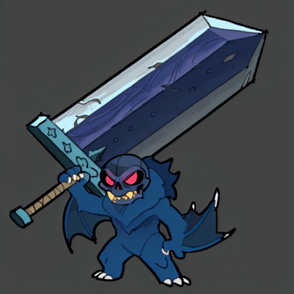 detailed, masterpiece, high quality, absurdres, solo, full body, battle pose, chibi, 
tmchng, weapon over shoulder, oversized object, huge weapon, greatsword, standing, full body, 
solomon, kaiju, demonic kaiju, no humans, humanoid, dark blue skull face, monster, dark blue fur, dark blue skin, glowing red eyes, sharp teeth, humanoid arms, sharp claws, white claws, bat wings coming out of his arms
