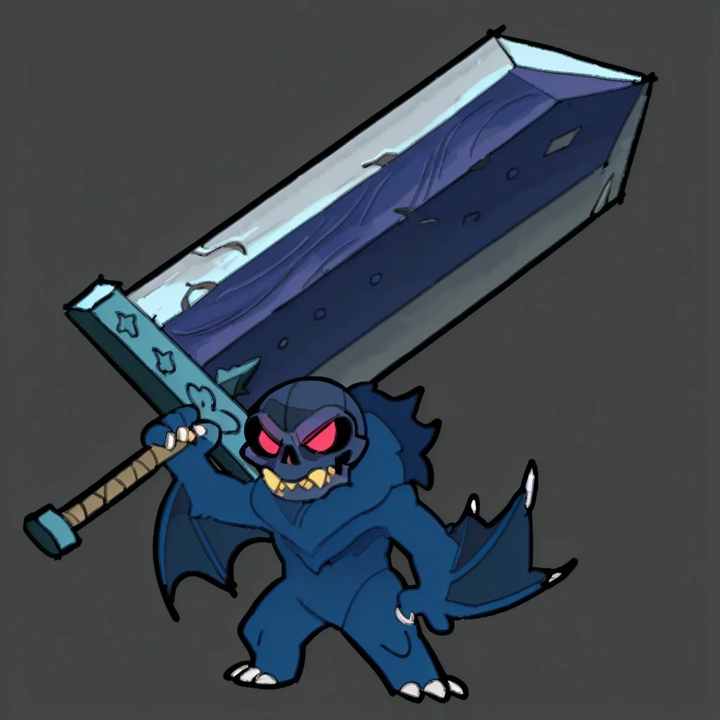 detailed, masterpiece, high quality, absurdres, solo, full body, battle pose, chibi,
tmchng, weapon over shoulder, oversized object, huge weapon, greatsword, standing, full body,
solomon, kaiju, demonic kaiju, no humans, humanoid, dark blue skull face, monster, dark blue fur, dark blue skin, glowing red eyes, sharp teeth, humanoid arms, sharp claws, white claws, bat wings coming out of his arms