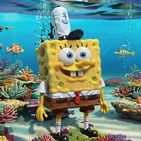 score_9, score_8_up, score_7_up,score_9, score_8_up, score_7_up, ((cowboy shot)), standing, ocean, BREAK, ((High fantasy art style)), solo, spongebob, blue eyes, brown pants, red tie, white shirt, black shoes, yellow skin, striped white socks, krusty krab hat , ((long brown hair):1.5), ((on seahorse), ((under water)), ((detailed blue eyes)), ((Masterpiece), (absurdres), (shadowy), (mysterious), smile