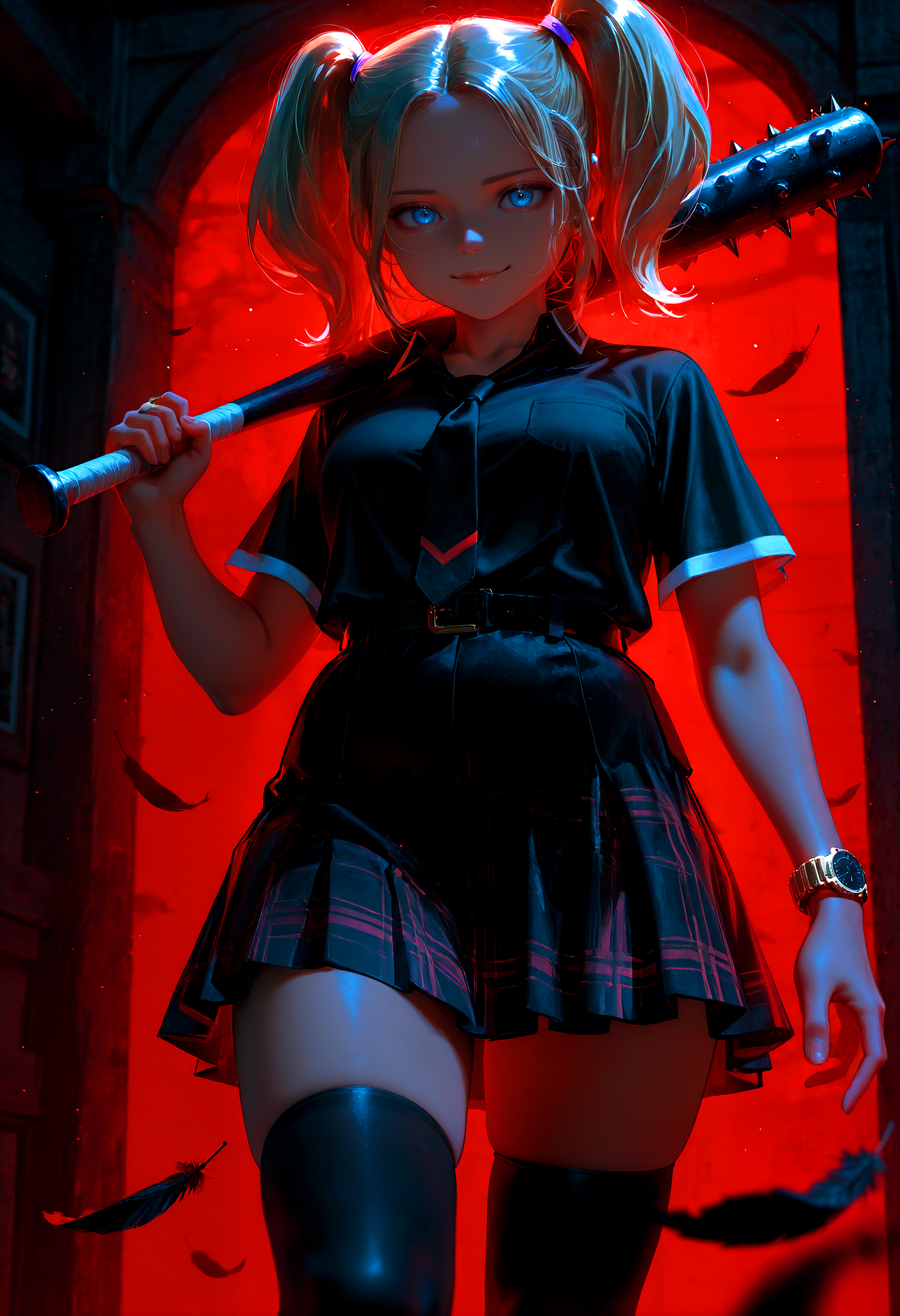 HDR, 8K, high contrast, masterpiece, best quality, amazing quality, very aesthetic, superabsurd res, high resolution, ultra-detailed, absurdres, newest, scenery, (horikoshi kouhei:0.3), (quasarcake:0.3), (wlop:0.3), lightrays, chiaroscuro, dynamic angle, solo, solo, OD_sara, 1girl, plump lips, blue eyes, short hair, parted bangs, blonde hair, twintails, big hair, big twintails, hair tie, closed mouth, collared shirt, black shirt, short sleeves, open collar, black necktie, white trim, plaid skirt, black skirt, red stripes, gold wristwear, wristwatch, black belt, bare thighs, black thighhighs, spiked bat, holding bat over shoulder, textured background, red background, black feathers, floating feathers, looking at viewer, low angle shot, sinister smile, backlighting, partially illuminated, Intricately designed, Mysterious Shadows, BREAK, photorealistic, beautiful detailed eyes, detailed skin, detailed hair, volumetric lighting, dappled light, light particles, dramatic shadows, cinematic lighting, photo background, depth of field, <lora:ponyxl\cfg_scale_boost:0.8> <lora:IL\KMS_OD_Sara_IL-000009:1>