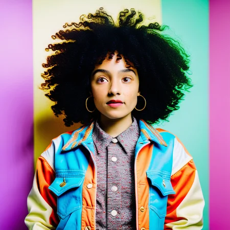 1girl, curly afro, biracial, multicoloured jacket, vintage, photography, 80s aesthetics