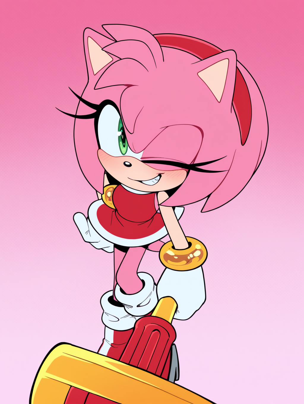 <lora:On-model_Sonic_Characters:1> Amy rose, one eye closed, toy hammer, piko piko hammer, holding, naughty face,, masterpiece, best quality, amazing quality, very aesthetic, absurdres, new, newest,