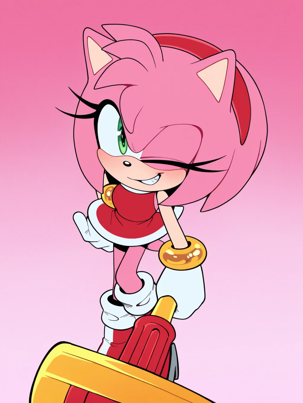 <lora:On-model_Sonic_Characters:1> Amy rose, one eye closed, toy hammer, piko piko hammer, holding, naughty face,, masterpiece, best quality, amazing quality, very aesthetic, absurdres, new, newest,