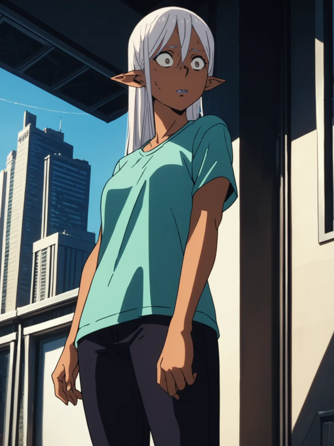 <lora:happy_tentacle-yao-v0.4-000035:1>, ht_yao, shirt, pants, city , 1girl, solo, cowboy shot, thighs , wide-eyed , ( exhausted :1), , looking down , , facing viewer , score_9, score_8_up, score_7_up, score_6_up, score_5_up, score_4_up