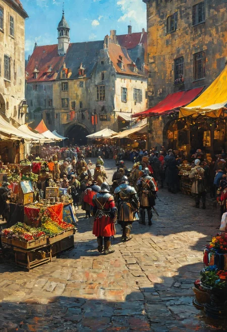 cinematic crowd of people , medieval city square, market, vibring color, style of Andreas Achenbach, monet,  oil painting, knight patrol, fr4z3tt4