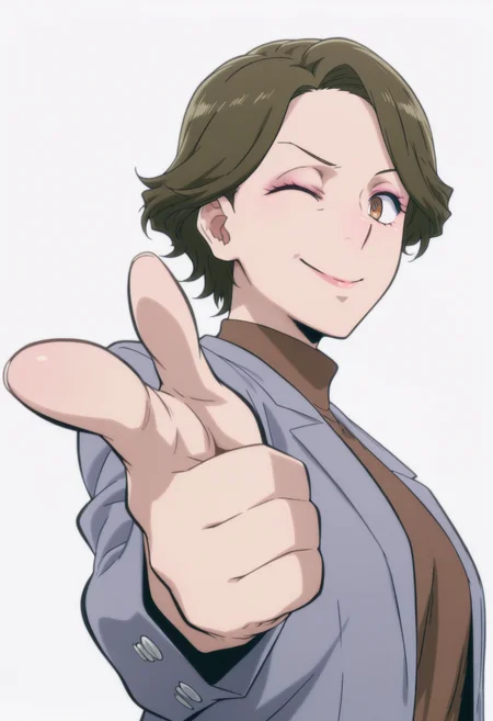 anime screencap, anime coloring,    <lora:DX888Shoko:1>  haimawari shoko, brown eyes, brown hair, short hair, makeup, mature female, wrinkled skin, 
grey blazer, turtleneck sweater, brown sweater, grey skirt BREAK simple background,  white background, BREAK  1girl, closed mouth, finger gun, one eye closed, pointing, pointing at viewer, smile, upper body, solo, from below, from side,  dutch angle,